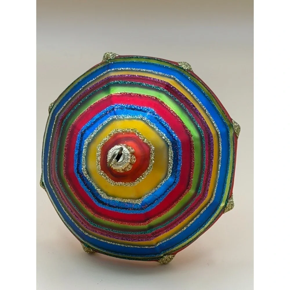 Rainbow Striped Umbrella Blown Glass Christmas Ornament Glitter 5.5